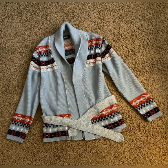 Genuine Vintage 1970’s VanCort Blue Patterned Cardigan, Original Belt, Boho, Fab - Picture 2 of 10